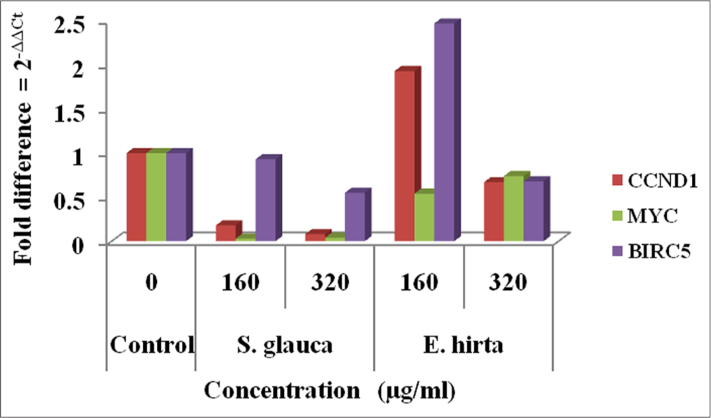 Graphical representation of expression levels of CCND1, MYC and BIRC5 after Simarouba glauca and Euphorbia hirta treatment.